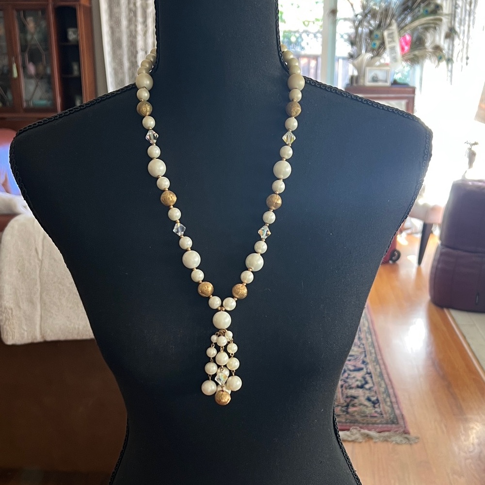 Late 1960s Pearl and Gold Bead Drop Necklace - Ivory and Gold